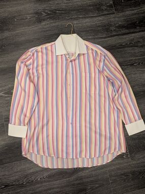 Men's Pastel Multicolor Stripe Dress Shirt with White Collar